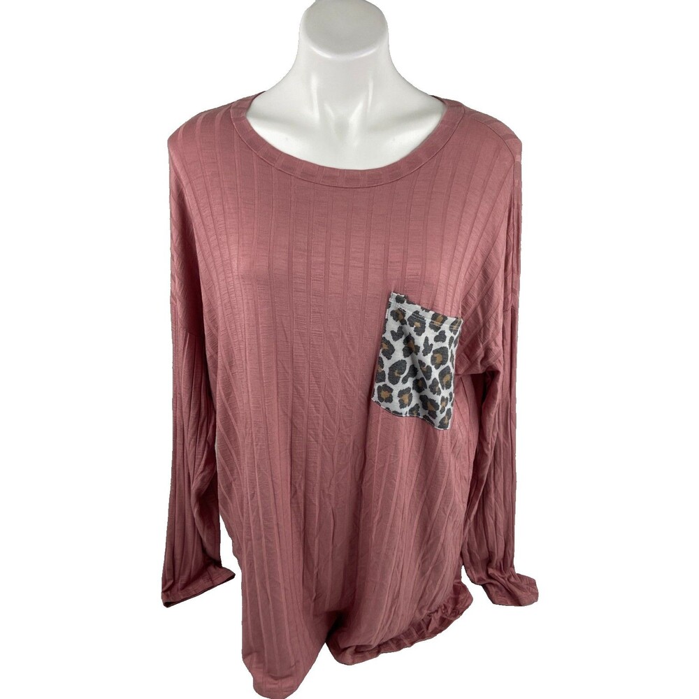 Haptics Women 1X Long Sleeve Top Pink Ribbed Leopard Print Pocket NWT
